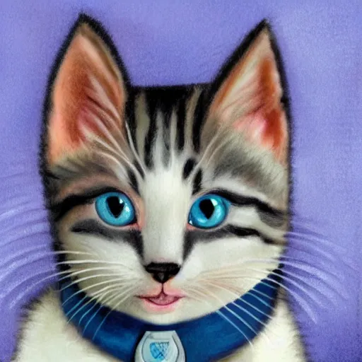 Image similar to a kitten with light blue cartoon eyes looking very happy with a cheeky grin, wearing a police uniform, portrait with pastel paints