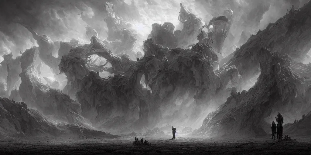 Prompt: massive gates of hell in a vast deserts of the dead in the style of gustave dore, overcast, dramatic lighting, epic, photorealistic, gustave dore, soey milk, john martin, peter mohrbacher, james gurney, trending on artstation