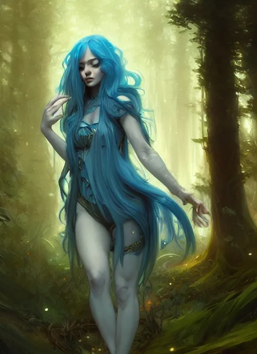 Image similar to stunningly beautiful female blue hair, fantasy art, fae priestess, lush forest landscape, dark light night, sharp focus, digital painting, 4 k, concept art, art by wlop, artgerm, greg rutkowski and alphonse mucha