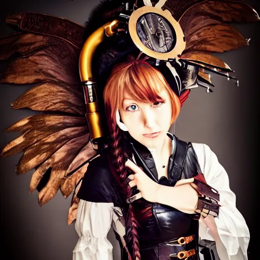 Prompt: anime girl with steampunk wings and steampunk weapons, portrait, finely detailed, epic, intense, cinematic lighting,