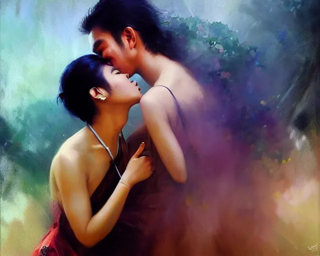 Image similar to photography of south east asian couples kissing each other, deep focus, d & d, volumetric light, colourful, sharp, detailed, digital painting by rolf armstrong, jeremy lipkin and michael garmash, rob rey and kentaro miura style, pinterest behance top picks