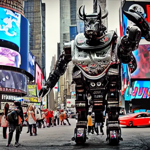 Prompt: Cybernetic robot bull in a times square, post apocalyptic scene 4K hyper realistic –W 1024 –s 50 –n 4 –i