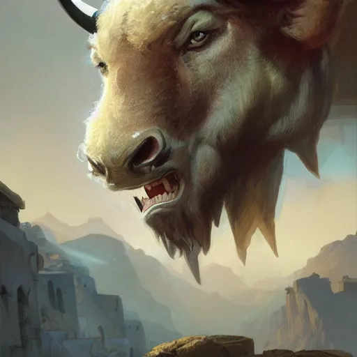 Prompt: ''face portrait of a swaggy bull, furry, greek mythology, greece, fantasy, dungeons and dragons, d & d, digital painting, artstation, concept art, sharp focus, illustration, art by greg rutkowski and alphonse mucha''