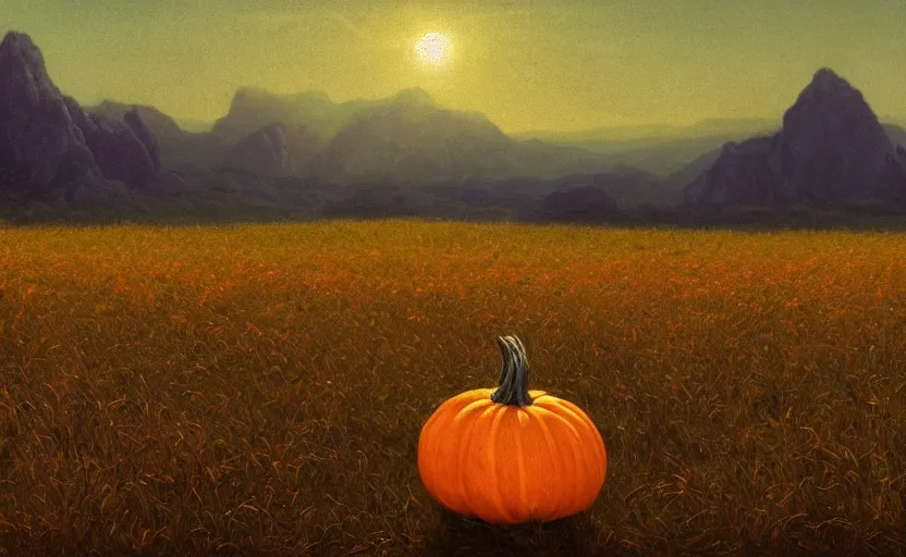 Prompt: pumpkin in the middle of a field, close up shot, rocky, at dusk, distant mountains, 4k, rule of thirds, extreme detail, hazy, intricate ink illustration, trending on artstation, cgsociety, hd, calm, complimentary colours, realistic lighting, by Albert Bierstadt, Frederic Edwin Church.