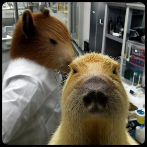 Prompt: capybara mad scientist in a lab