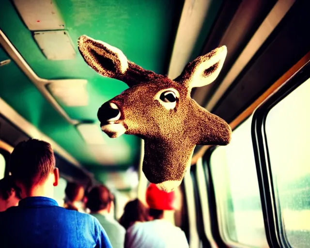 Image similar to a lomography photo of rumble between two human with deer head in soviet train this morning, bokeh,