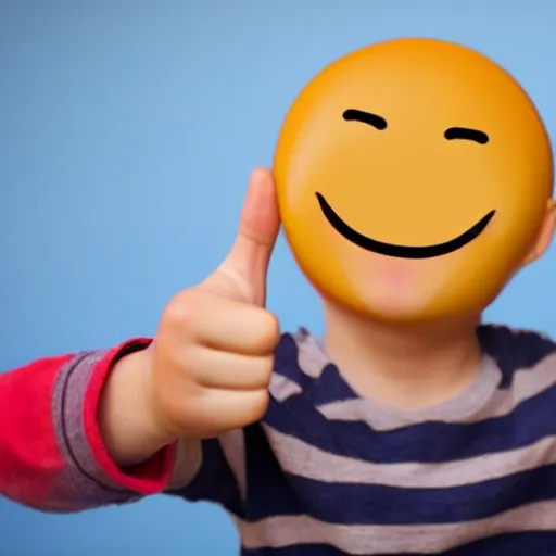 Image similar to child drawing of smiling emoji face with red eyes and thumb up.