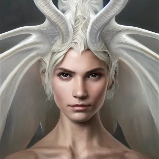 Image similar to Perfectly-centered portrait-photograph of a real life white human dragon from heaven, lifelike, super highly detailed, professional digital painting, artstation, concept art, Unreal Engine 5, Photorealism, HD quality, 8k resolution, cinema 4d, 3D, beautiful, cinematic, art by artgerm and greg rutkowski and alphonse mucha and loish and WLOP