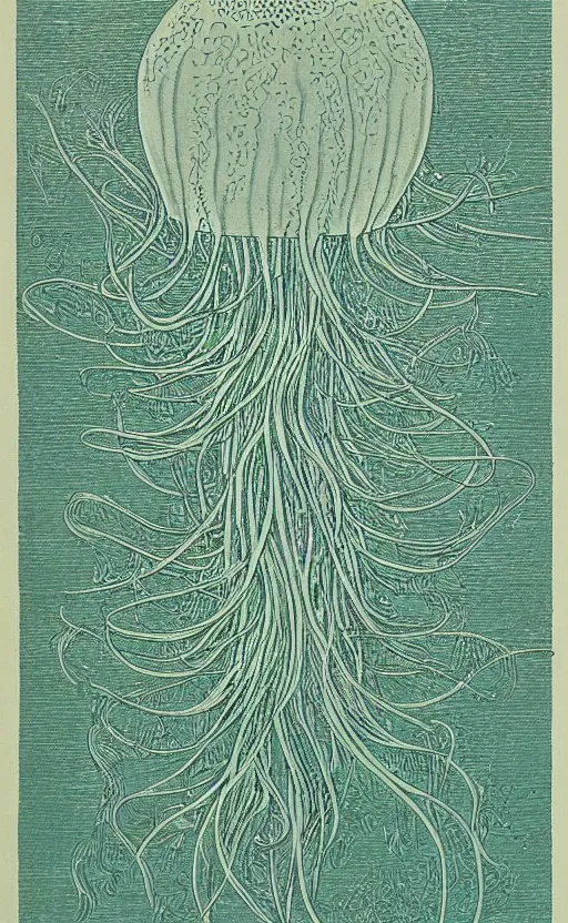 Image similar to a page of jellyfish illustrations, 1 9 0 0 s, symmetry, highly detailded