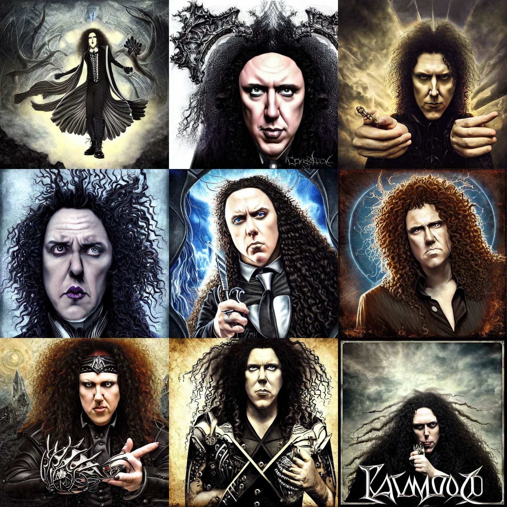 Prompt: kamelot album cover featuring photo of weird al yankovic, power metal album cover, gothic fantasy, photoshop collage, trending on artstation, intricately detailed, highly detailed, sharp focus, deep focous,