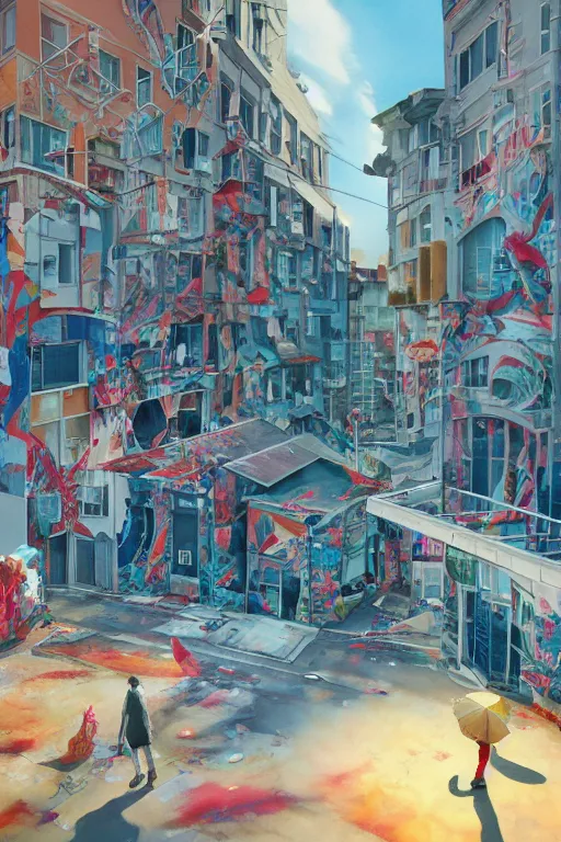 Image similar to people in a busy city people looking at a white building covered with a 3d graffiti mural with paint dripping down to the floor, professional illustration by artgerm, painterly, yoshitaka Amano, hiroshi yoshida, moebius, loish, painterly, and james jean, illustration, sunset lighting