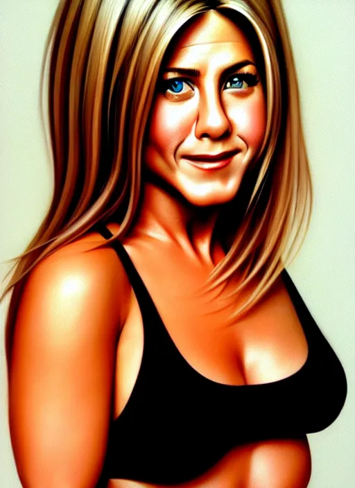 Image similar to portrait of cute jennifer aniston as a bit chubby young woman, painted by stanley artgerm, sleek curves, sharp focus, trending on artstation hq, deviantart