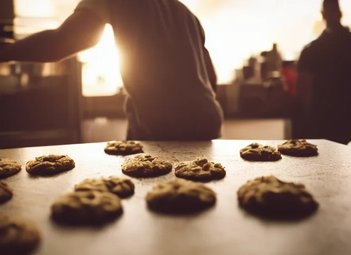 Prompt: a 3 5 mm photo from the back of a man making cookies, splash art, movie still, bokeh, canon 5 0 mm, cinematic lighting, dramatic, film, photography, golden hour, depth of field, award - winning, anamorphic lens flare, 8 k, hyper detailed, 3 5 mm film grain