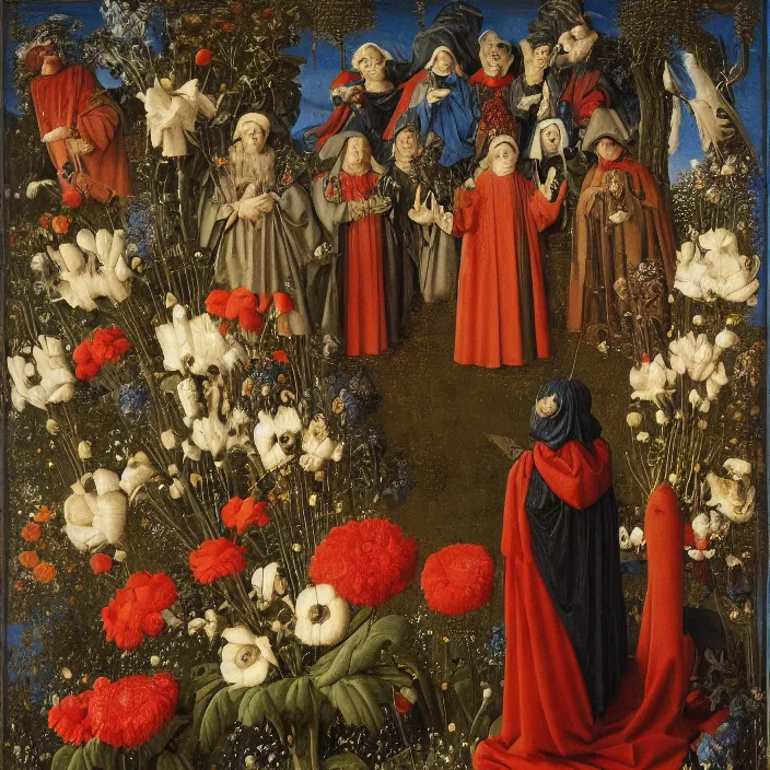 Prompt: a group of cloaked figures surround a bird on top of flowers, by Jan van Eyck