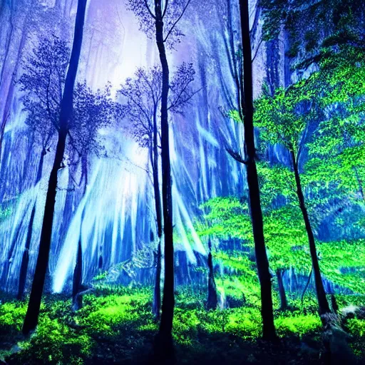 Image similar to a forest with glowing plants, magical, starts visible in the sky, wide shot, dramatic lighting