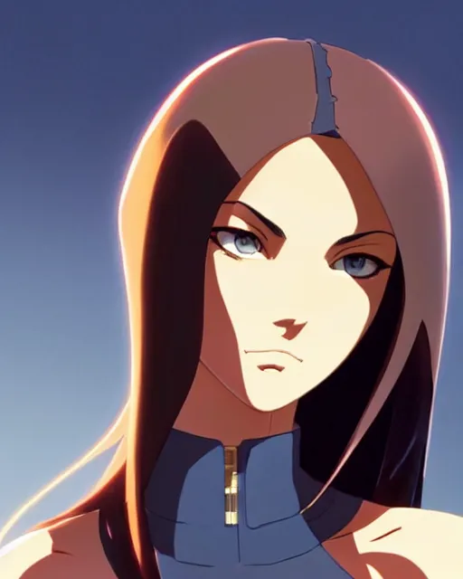 Image similar to azctec, megan fox, gemstone forehead, detailed perfect face, exquisite details, fire magic, mid view, design on a white background, by studio muti, greg rutkowski makoto shinkai takashi takeuchi studio ghibli