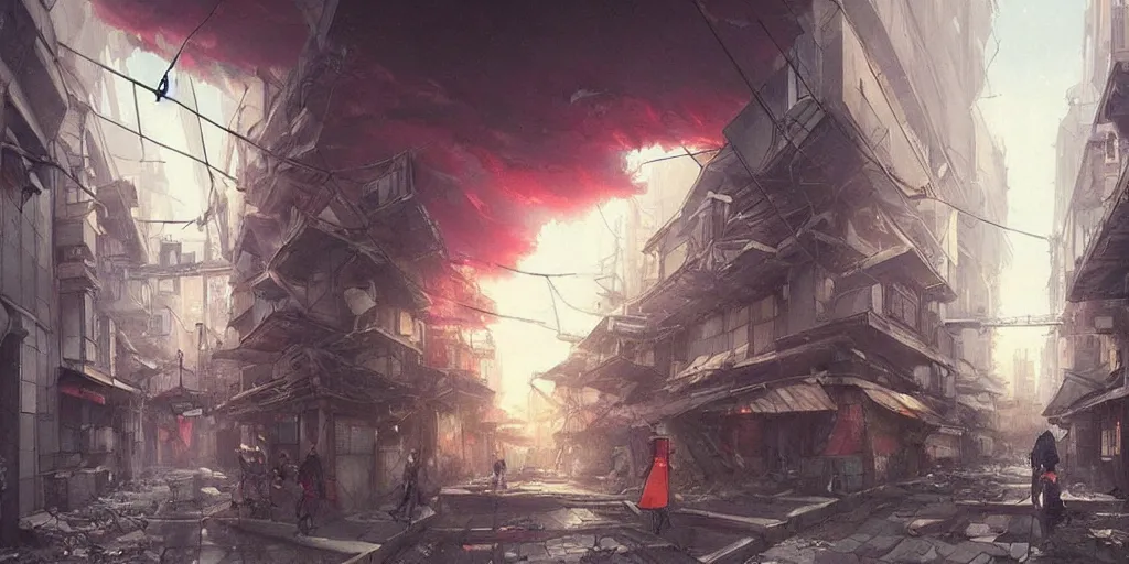 Prompt: A daemon bursts through the floor of an urban japanese street, there is an apocalyptic electrical storm in the sky, Greg Rutkowski and Studio Ghibli