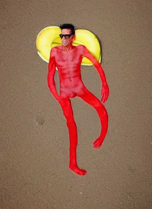 Image similar to jeff goldblum as polymorphic banana tomato raspberry on the sand of a beach