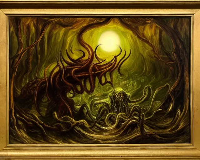 Prompt: an oil painting of cthulhu fighting an army in a forest, intricate, elegant, highly detailed, turner