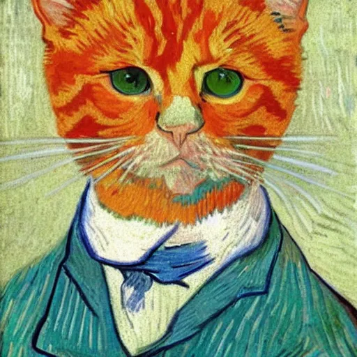 Prompt: a portrait of a ginger orange cat, wearing a light blue suit, by Vincent Van Gogh