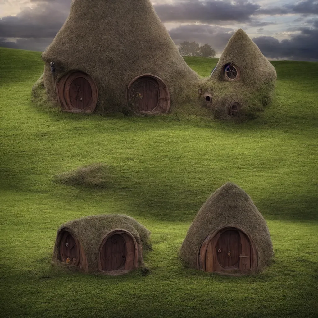Image similar to a lone techno hobbit house at the top of a tower in the middle of a field, dramatic lighting, award winning, in the style of callebaut, vincent