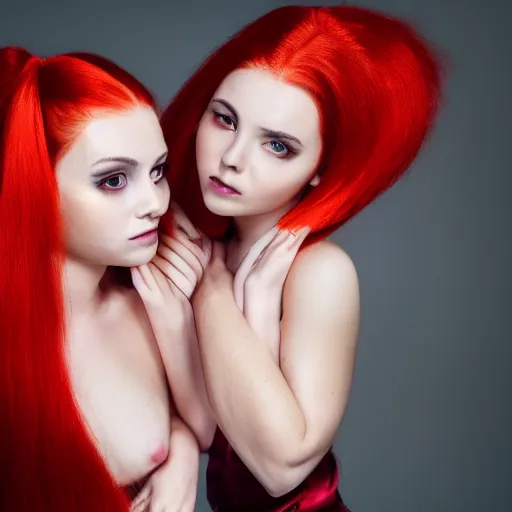 Image similar to Portrait of a young, stunningly beautiful twin-tailed woman with red hair on the right half of her head and white hair on the left half, award-winning photo, 4k, 8k, studio lighting