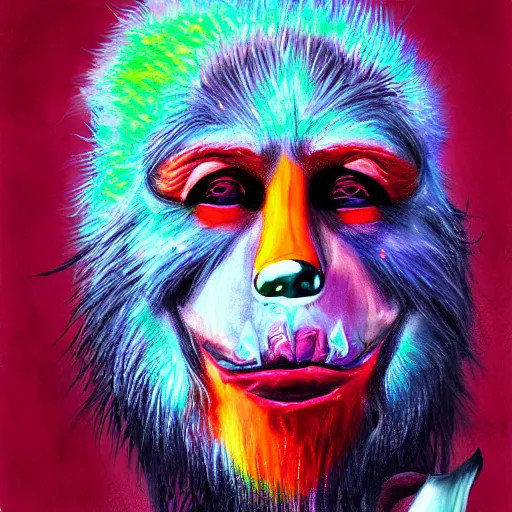 Prompt: wolfman with red liquid on his mouth, digital art, pastel, colorful, rainbow