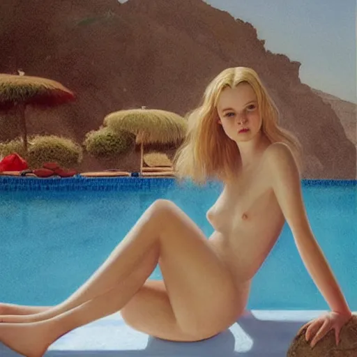 Image similar to Elle Fanning by the pool in Santorini, head and shoulders portrait, extremely detailed masterpiece, Roger Deakin’s cinematography, illustration, by Michael Sowa,