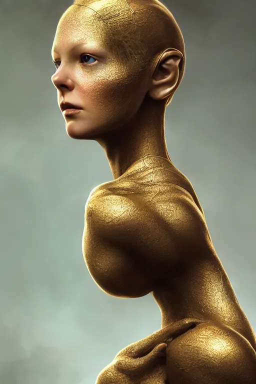 Prompt: beautiful portrait of a female robot, dystopian, biopunk, detailed skin, digital painting, sculpted in zbrush, artstation, concept art, smooth, sharp focus, illustration, chiaroscuro, soft lighting, peaceful ambient, golden ratio, rule of thirds, fibonacci, incredible art by Stanley Artgerm Lau and Greg Rutkowski, composition by mike mignola and Simon Stalenhag,