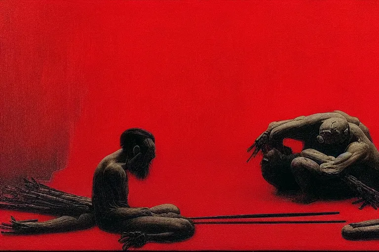 Image similar to only with red, a red samurai do seppuku, tokio, a lot of frogs watch, in the style of beksinski, parts by edward hopper, parts by rodcenko, parts by yue minjun, intricate and epic composition, red by caravaggio, insanely quality, highly detailed, masterpiece, red light, artstation, 4 k