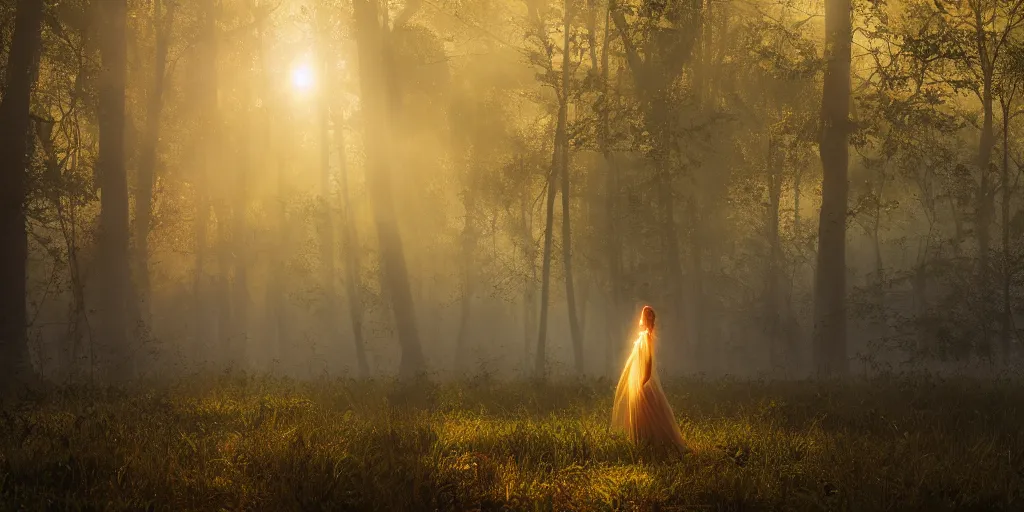 Image similar to misty swamp, hazy fog, sundown golden hour, early morning dance, fireflies and sparkling wisps, sun rays through trees, Lilia Alvarado, Sophie Anderson, Mark Arian, Bob Byerley, Charlie Bowater, Mark Brooks, Steve Henderson, Justin Gerard, Arthur Hughes, Edward Robert Hughes, Mark Keathley, Victor Nizovtsev, Carlos Shwabe, Ross Tran, WLOP