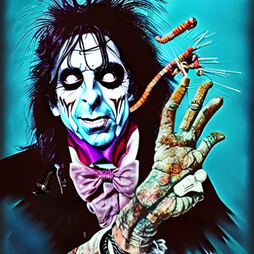 Image similar to graphic illustration, creative design, alice cooper in alice in wonderland, biopunk, francis bacon, highly detailed, hunter s thompson, concept art