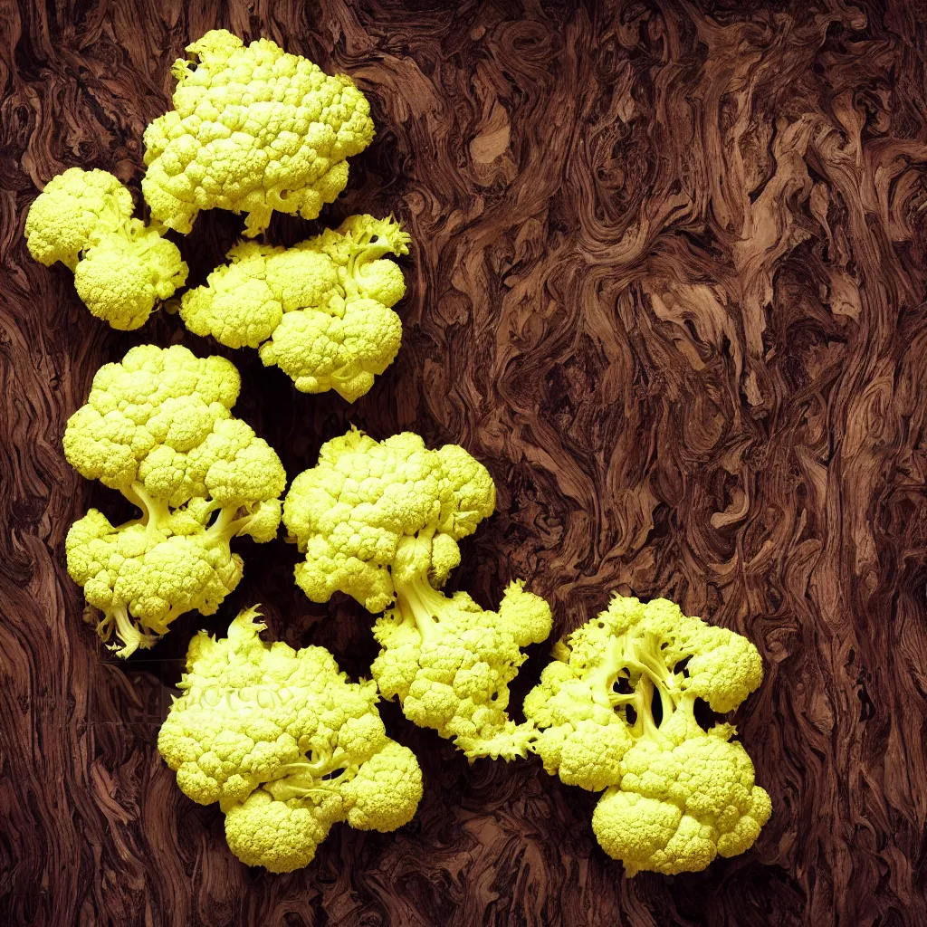 Image similar to large fractal of cauliflowers roots, over vivid dark wood table, precise, symmetrical, geometrical. food photography. super detailed. masterpiece