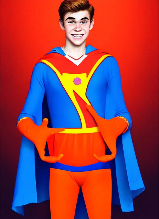 Prompt: friendly teenage archie andrews wearing an orange superhero costume with heart logo, heart, orange costume, blue cape, freckles, cape, heart emblem on chest, heart, blue cape, intricate, elegant, glowing lights, highly detailed, digital painting, artstation, sharp focus, illustration, art by wlop, mars ravelo and greg rutkowski