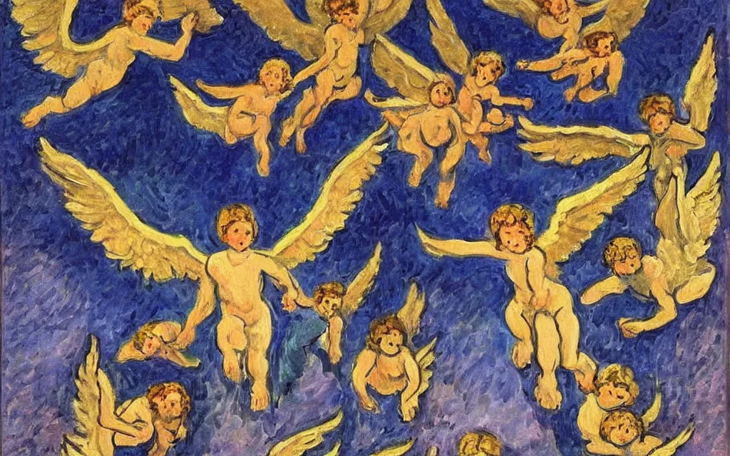 Image similar to vision of angels - a painting of an angel flying in the sky, with a group of angels flying behind it by henri matisse and viktor vasnetsov, style of golden dawn occult