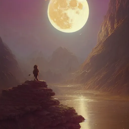 Image similar to highly detailed painting of the moon, unreal engine, fantasy art by greg rutkowski, loish, rhads, ferdinand knab, makoto shinkai and lois van baarle, ilya kuvshinov, rossdraws, tom bagshaw, alphonse mucha, global illumination, radiant light, detailed and intricate environment