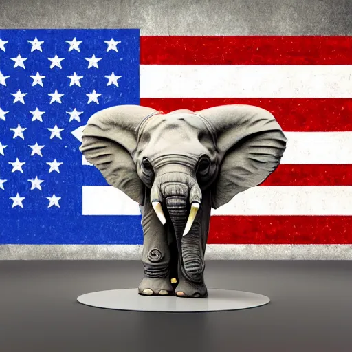 Image similar to elephant yoda as potus American flag, modern art placed in a large living room, art designers magazine HD photo superrealism 3d 8k resolution