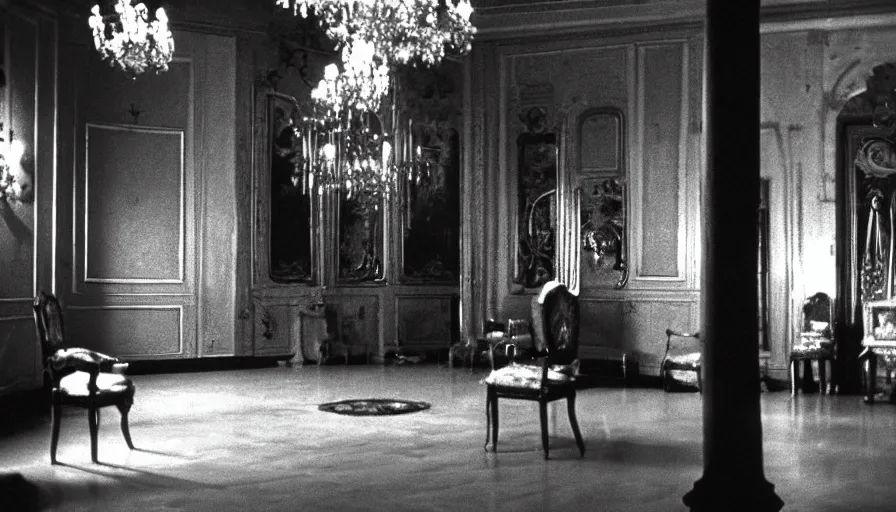 Prompt: movie still by andrei tarkovsky of caligula poniard to death by senators dark blood flaque in a neoclassical room, cinestill 8 0 0 t 3 5 mm b & w, high quality, heavy grain, high detail, dramatic light, ultra wide lens, anamorphic