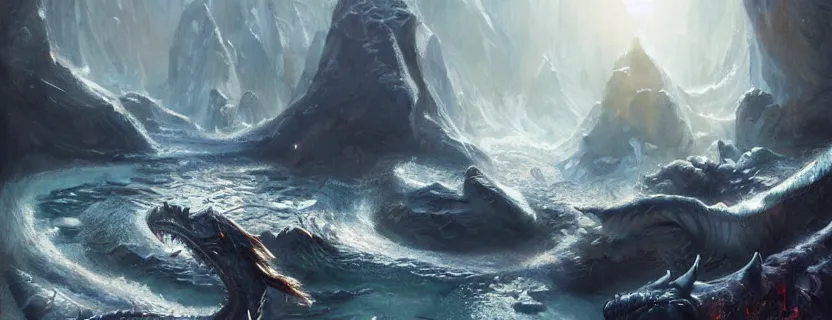 Image similar to dragon's treasure lair, silver lining, most epic landscape. epic cinematic hyperrealism masterpiece. realistic poster with shaded lighting by craig mallismo, artgerm, jeremy lipkin and michael garmash, unreal engine, radiant light, detailed and complex environment, digital art, art station trends