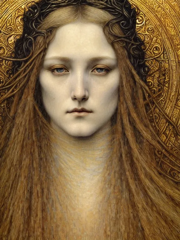 Image similar to detailed realistic beautiful young medieval queen face portrait by jean delville, gustave dore and marco mazzoni, art nouveau, symbolist, visionary, gothic, pre - raphaelite. horizontal symmetry