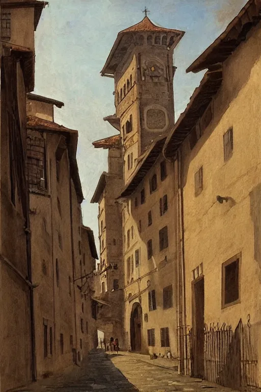 Image similar to florence old street in 1 6 th century with a tower in background by hiroshi yoshida, trending on artstation