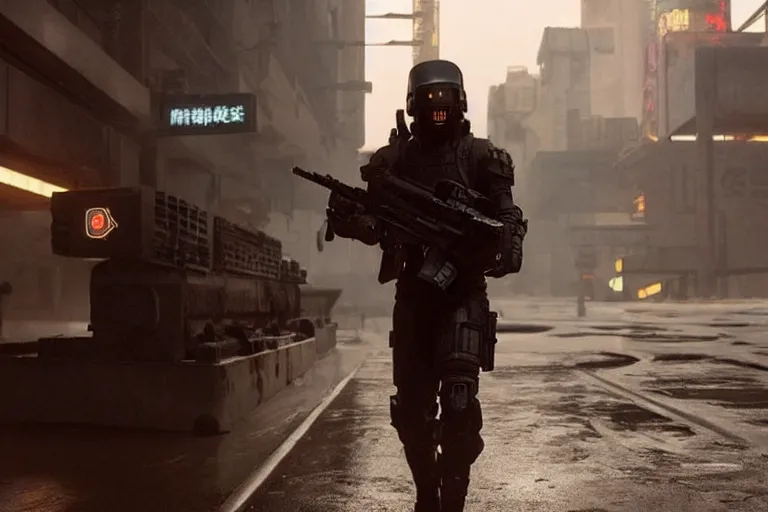 Prompt: soldier standing in murky water dark. cyberpunk soldier helmet mecha armor black matte angular armor white Chinese writing. Holding AR-15 rifle black. Bladerunner 2049 ((Cyberpunk2077))