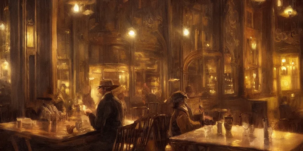 Image similar to brown cat with yellow eyes is sitting at table in a cafe at paris in early 2 0 th century. atmospheric feeling, warm colours, brown colours, yellow colours, epic scene, cinematic, very detailed, hd, trending on artstation