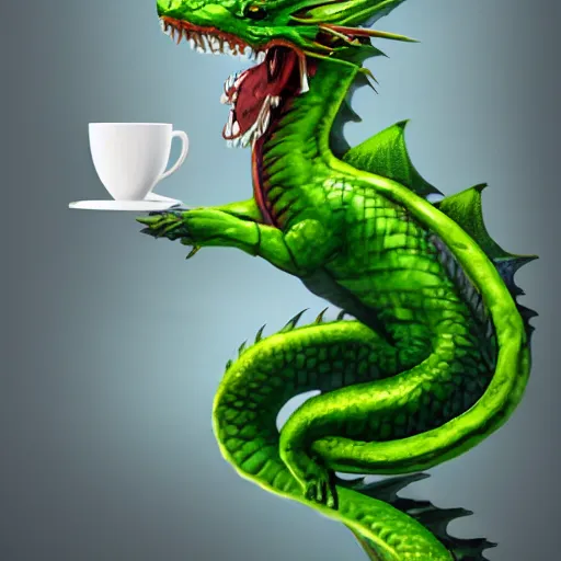 Image similar to a green dragon drinking a cup of tea, intricate concept art, artstation