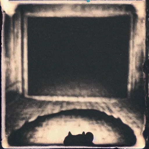 Image similar to dark room with a monster peering out of a trap door in the floor, distuburbing, horror, nightmare, terrifying, surreal, nightmare fuel, old polaroid, blurry, expired film, lost footage, found footage,