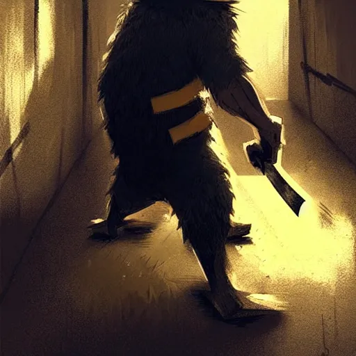 Image similar to pikachu wielding a machete and mugging people in a back alley, art by greg rutkowski, intricate, elegant, highly detailed, smooth, sharp focus, artstation