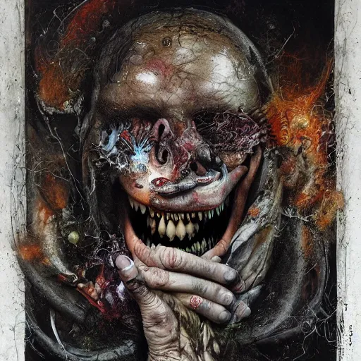 Image similar to grinning faces of evil tearing through reality, hyperdetailed oil painting by annie leibowitz and stephen gammell, inspired by giger and beksinski, alberto seveso