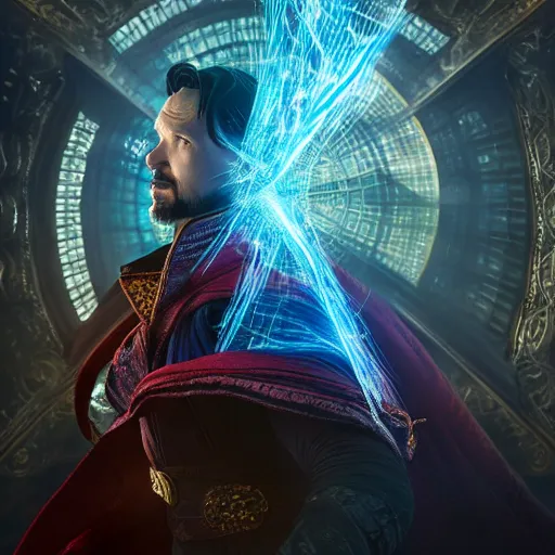 Image similar to full body pose, hyperrealistic photograph of doctor strange, dim volumetric lighting, 8 k, octane beautifully detailed render, extremely hyper detailed, intricate, epic composition, cinematic lighting, masterpiece, trending on artstation, very very detailed, stunning, hdr, smooth, sharp focus, high resolution, award, winning photo, dslr, 5 0 mm