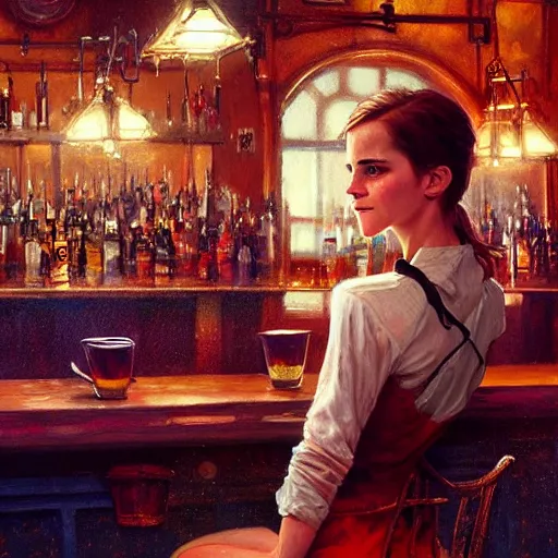 Image similar to highly detailed painting of emma watson drunk in a bar, stephen bliss, 8 k, by greg rutkowski, loish, rhads, artgerm, ferdinand knab, makoto shinkai and lois van baarle, ilya kuvshinov, rossdraws, global illumination, radiant light, detailed and intricate environment