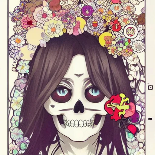 Image similar to anime manga skull portrait face skeleton female with flowers illustration style by Alphonse Mucha and Takashi Murakami pop art nouveau